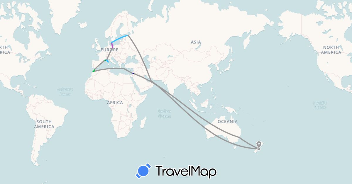 TravelMap itinerary: driving, bus, plane, train, boat in United Arab Emirates, Australia, Germany, Denmark, France, Greece, Israel, Jordan, Morocco, New Zealand, Russia (Africa, Asia, Europe, Oceania)